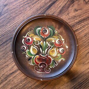 Vintage 1970s Austria Souvenir Plate Flowers Handpainted on Wood